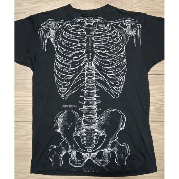 Leslie Arwin 1978 Vtg Art Skeleton Anatomy Tee Shirt 2 Sided AOP Size L All Over - Picture 1 of 10